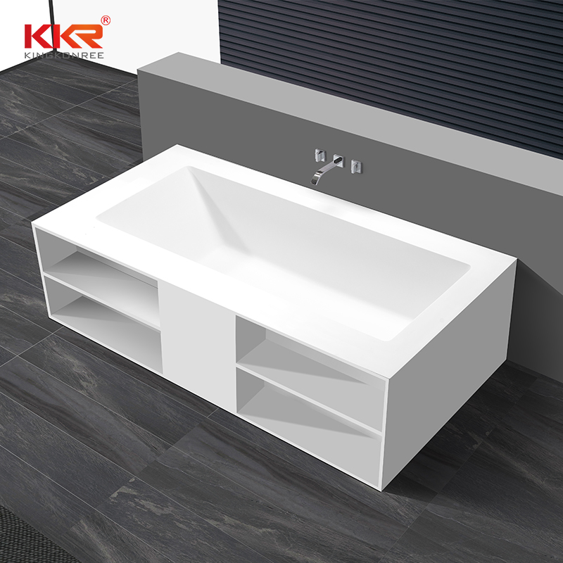 KingKonree Rectangle freestanding solid surface wall against bathtub with storage shelves KKR-B069 Solid Surface Bathtub image21