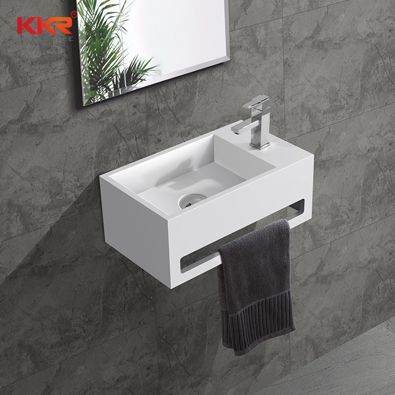 KingKonree Hot sales small size acrylic solid surface resin stone wall mounted wash basin with towel hanger KKR-1105-A Wall Mount Basin image20