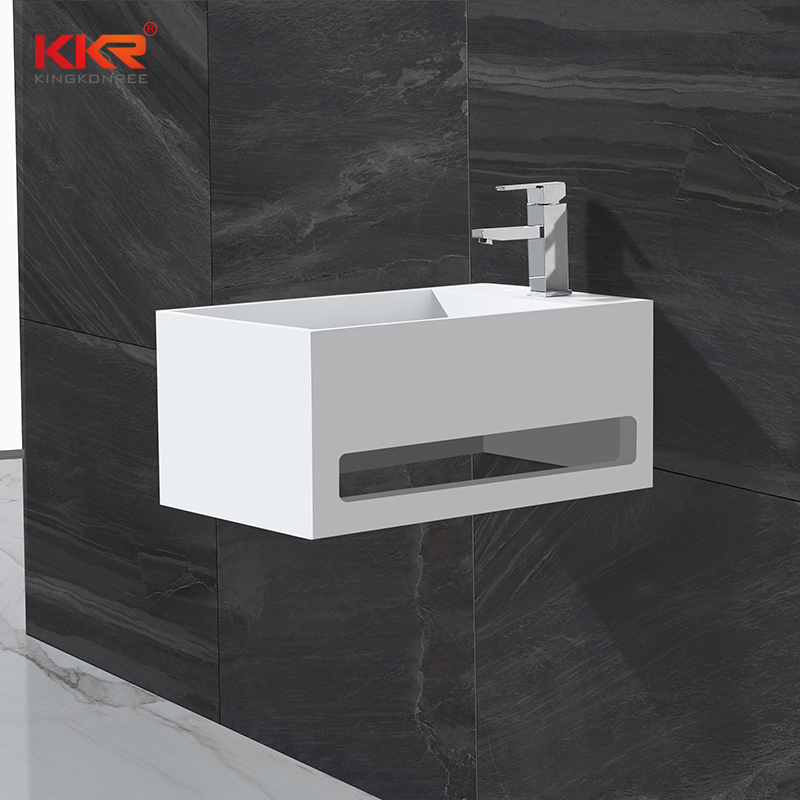 KingKonree Hot sales small size acrylic solid surface resin stone wall mounted wash basin with towel hanger KKR-1105-A Wall Mount Basin image20